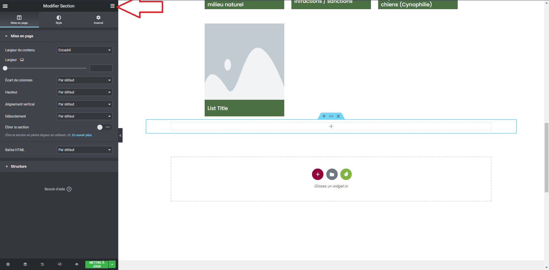 elementor retourner a la liste des widgets