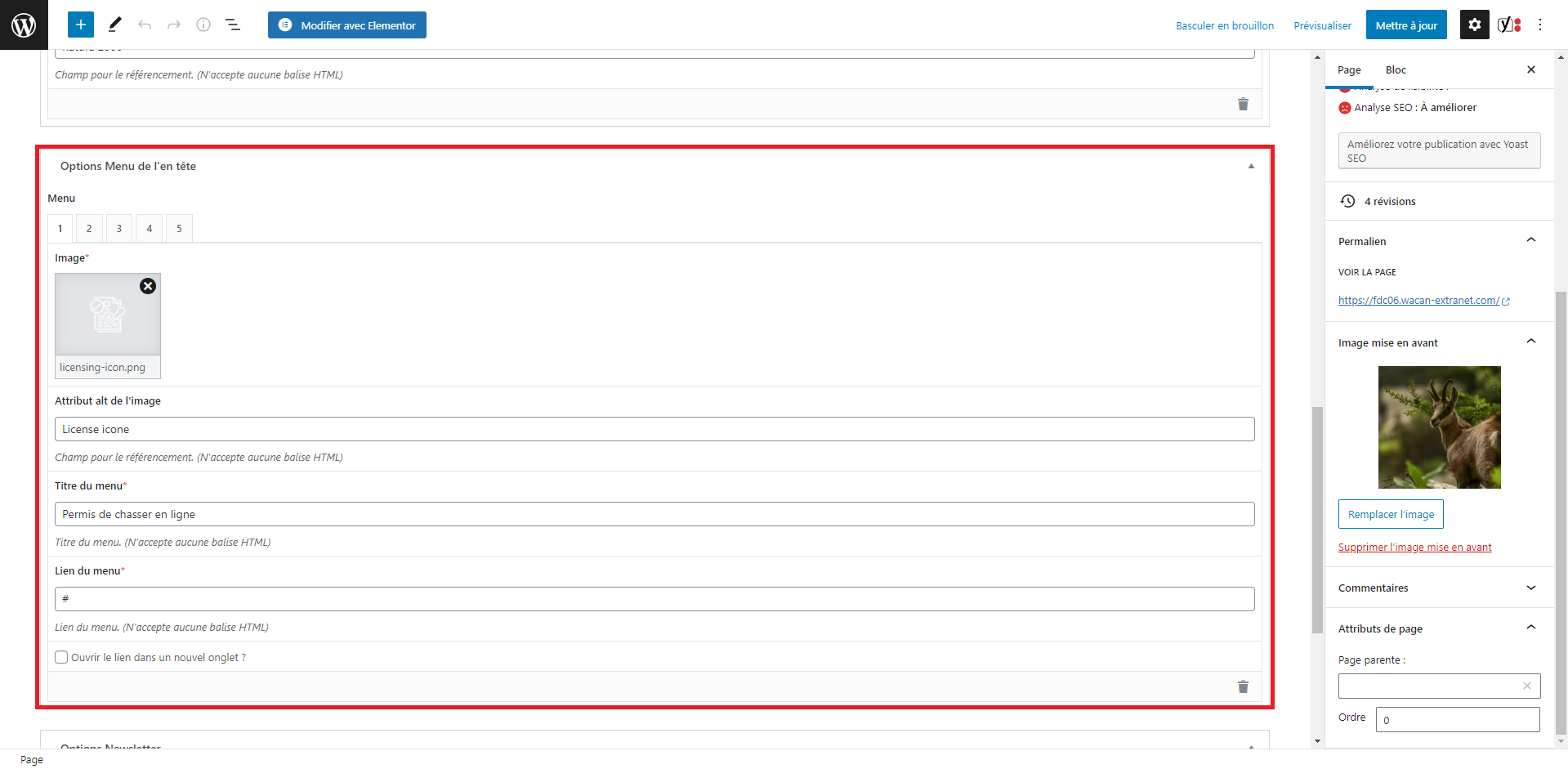 paramètres du menu de l'en tête