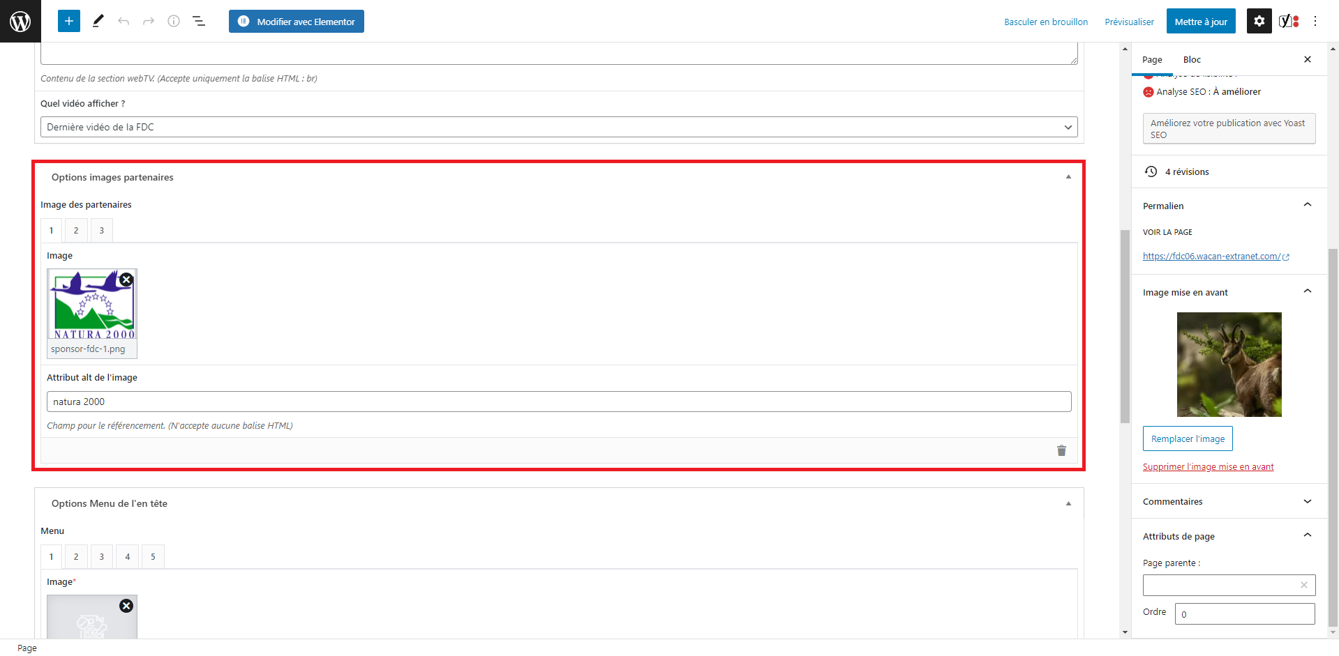 paramètres du menu de l'en tête