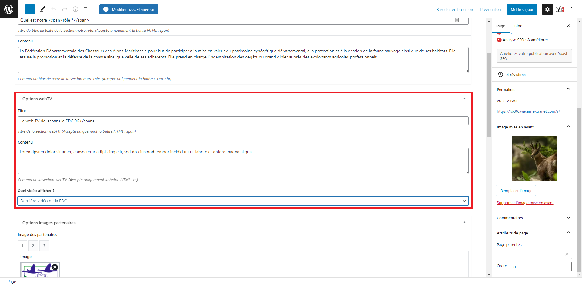 paramètres du menu de l'en tête